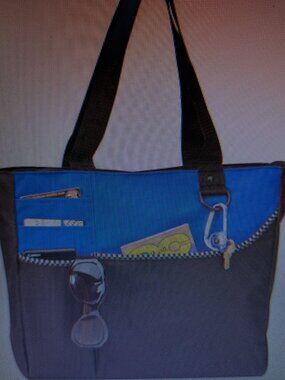 BLUE & BLACK POLY TOTE BAG with TWO COMPARTMENTS INNER & OUTER ZIPPERED CLOSURE